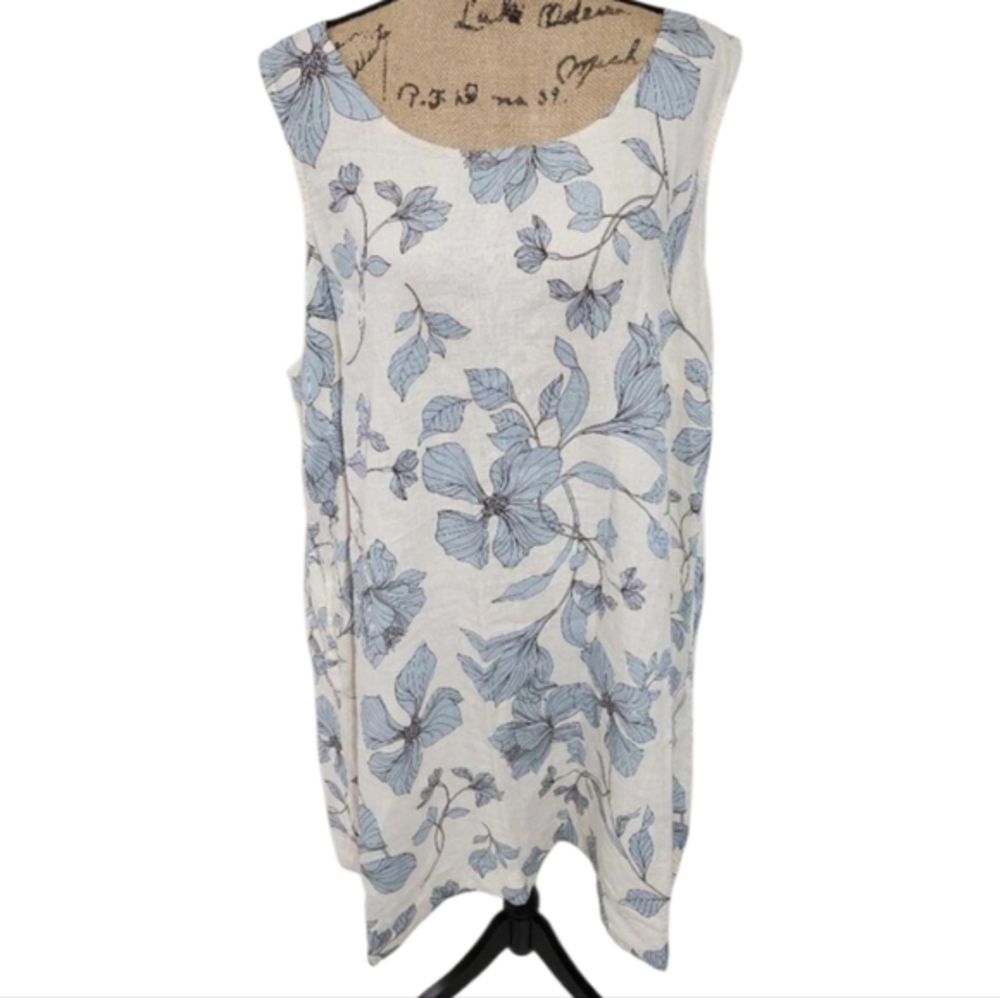 Cynthia Rowley Lagenlook Linen blue Cream Floral Pocket Boho‎ Dress Plus Size 3X